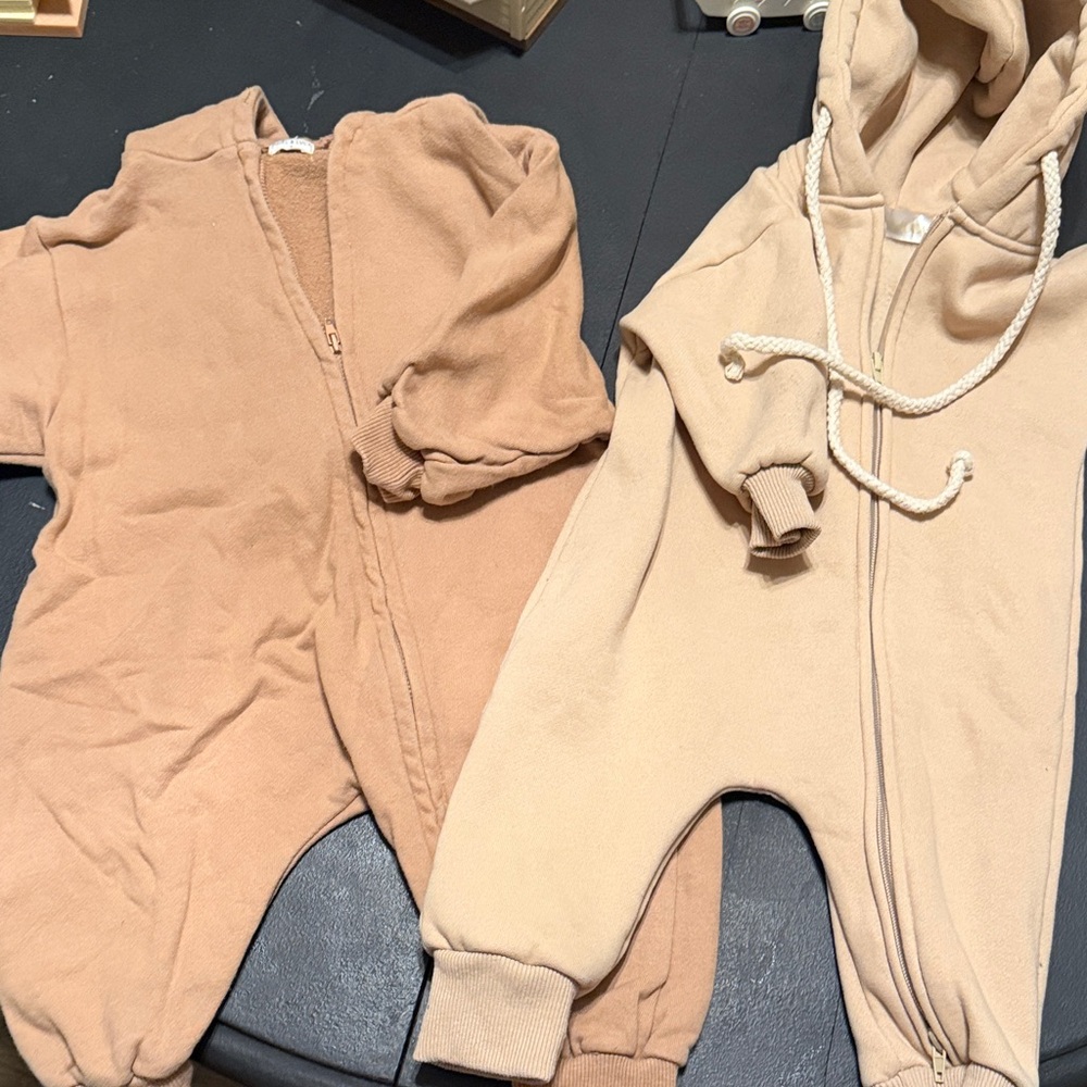 Kids Neutral Beige & Tan Hooded Zip One-Piece Footies